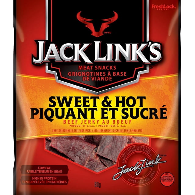 JACK LINK'S SWEET & HOT BEEF JERKY 80G package with red and orange background, Jack Link's logo, bilingual sweet and hot flavor text, visible dark red beef jerky strips through a clear window, and nutritional info highlighting low fat and high protein.