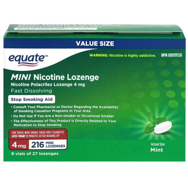 Equate Mini Nicotine Lozenge, Mint — white retail packaging with printed foil seal under cap and child-resistant closure. Uncoated, fast-dissolving mint lozenges; smoking cessation stop-smoking aid for those who smoke their first cigarette less than 30 minutes after waking up.