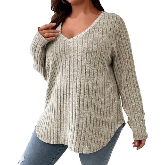 Besolor Plus Size Long Sleeve Tops for Women V Neck Pullover Sweaters Loose Dressy Curvy Hem Spring Fall Tunic Shirts