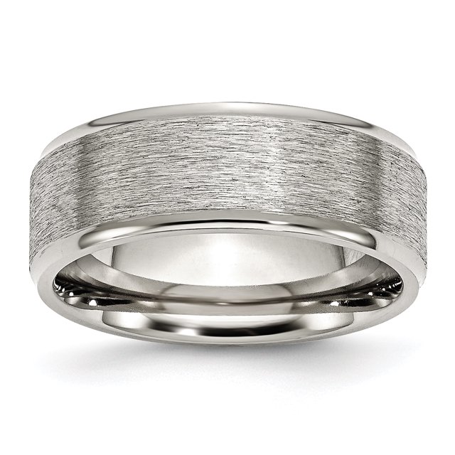 Stainless Steel Ridged Edge 8mm Brushed and Polished Band Ring 10 Size