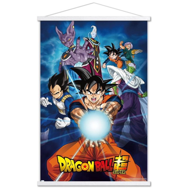 Dragon Ball Super - Affiche Murale de Groupes, 22,375 Po x 34 Po Affiche Encadrée Représentant six Personnages Principaux de l'Anime en poses d'Action Dynamiques sur un Fond d'Énergie Bleu, avec Goku au Centre Exécutant une Explosion d'Énergie, Vegeta en Posture de Combat, Piccolo Portant une cape Blanche, des Malles Offrant un Coup de Pied Volant, Beerus avec une main Tendue et Whis Debout derrière, Présentant le logo Dragon Ball Super au Bas, Idéal pour la Déco Murale