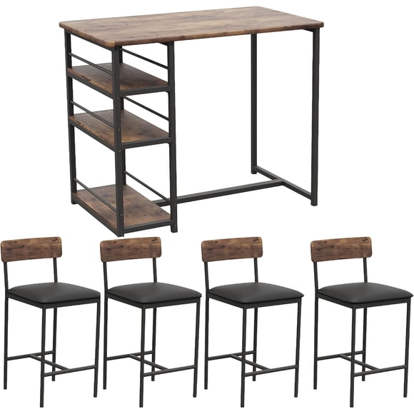 5Pcs Dining Table Set, 1 Kitchen Table and 4 Chairs with 3 Storage Shelves, Pu Cushion Chairs & Thick Wood Top, 5Pcs Dining Table Set for Small Space, Apartment (Retro)