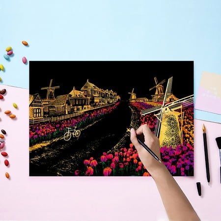 Kit d'Art à Gratter Nightscape DIY pour Adultes et Enfants Révélant des Designs Cachés Activité Éducative
