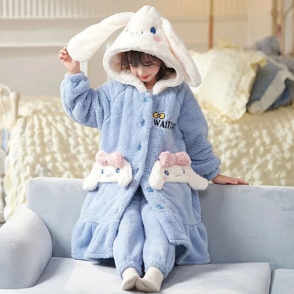 Sanrio My Melody Nightgown and Pants Kawaii Hello Kittys Cinnamoroll Kids Pajamas Winter Warm Thick Bathrobe Set Gift for Kids