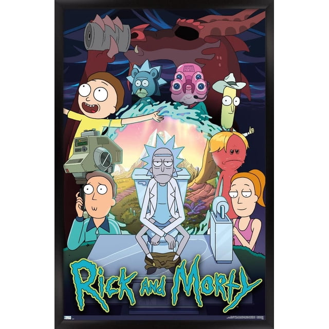 Rick And Morty - Affiche Murale de Groupe Saison 4, 14,725 Pouces x 22,375 Pouces, Montrant Rick Assis sur une Toilette Futuriste avec Pantalon Abaissé, Entouré de Morty avec les Bras Ouverts, un dragon Rouge Tenant une Canette, un Personnage Bleu à Picots, un Extraterrestre Rose aux Yeux Multiples avec un Casque, un Personnage Chapeau de Cowboy Jaune, et un Personnage Aspect Poisson Rouge. L'Arrière-plan Présente un Portail Lumineux Révélant un Paysage Montagneux. l