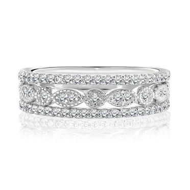 JeenMata Harmonizing Wedding Band Trio Set for Women in 18K White Gold over Silver