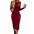 thumbnail image 3 of Robe Moulante à Manches Longues pour Femme, devant Torsadé, Fente, Sortie, Midi, Rouge Vin, m, 3 of 9