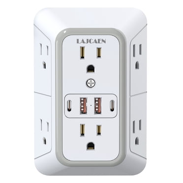 Multi Plug Outlet Surge Protector Wall Charger6 Outlet Extender with 4 USB Charging Ports (4.8A Total) 3-Sided 1050J Power Strip  Adapter Spaced Outlets  for Home Indoor