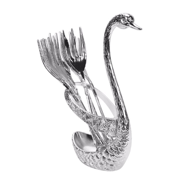 Coffee Spoons and Forks Set Stainless Steel Bar Dessert Serving Utensils With Swan-Shaped Rack 12 cm Spoon 13 cm Fork