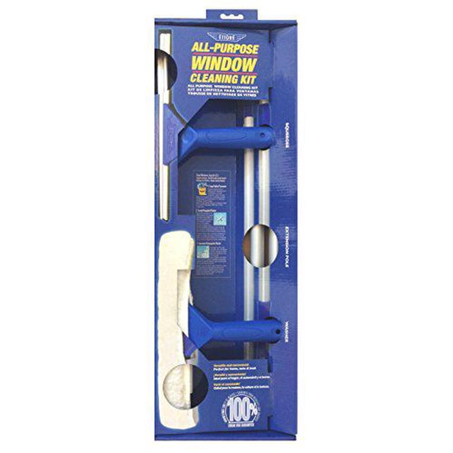 Ettore 17050 Trousse Polyvalente de Nettoyage de Fenêtres avec une Raclette de 12 Po, une Laveuse en Microfibre de 10 Po et une Perche d'Extension de 42 Po REA-C-H avec Mécanisme à Verrouillage par Clic. Idéale pour Nettoyer les Fenêtres, les Miroirs et les Portes de Douche, la Trousse Est Emballée dans une Boîte Bleue avec des Outils Visibles et une Image de Marque.