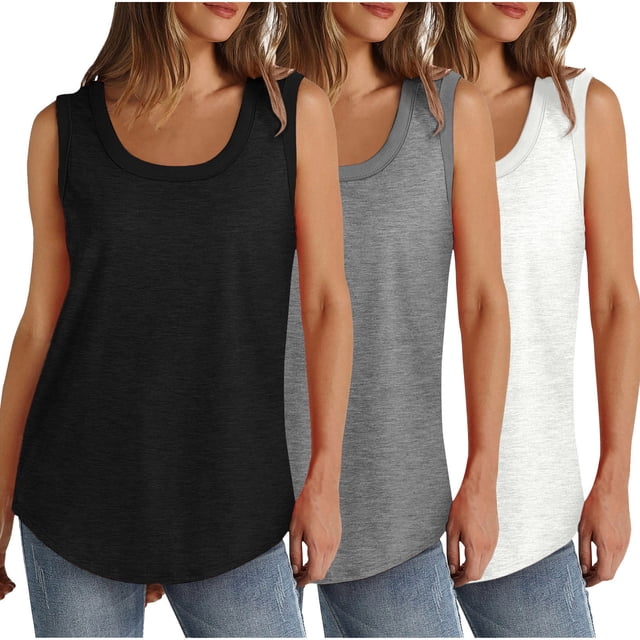 Plebaso Lot de 3 Débardeurs pour Femmes Décontractés d'Été Sans Manches Amples Col Rond T-Shirts Basiques pour Dames