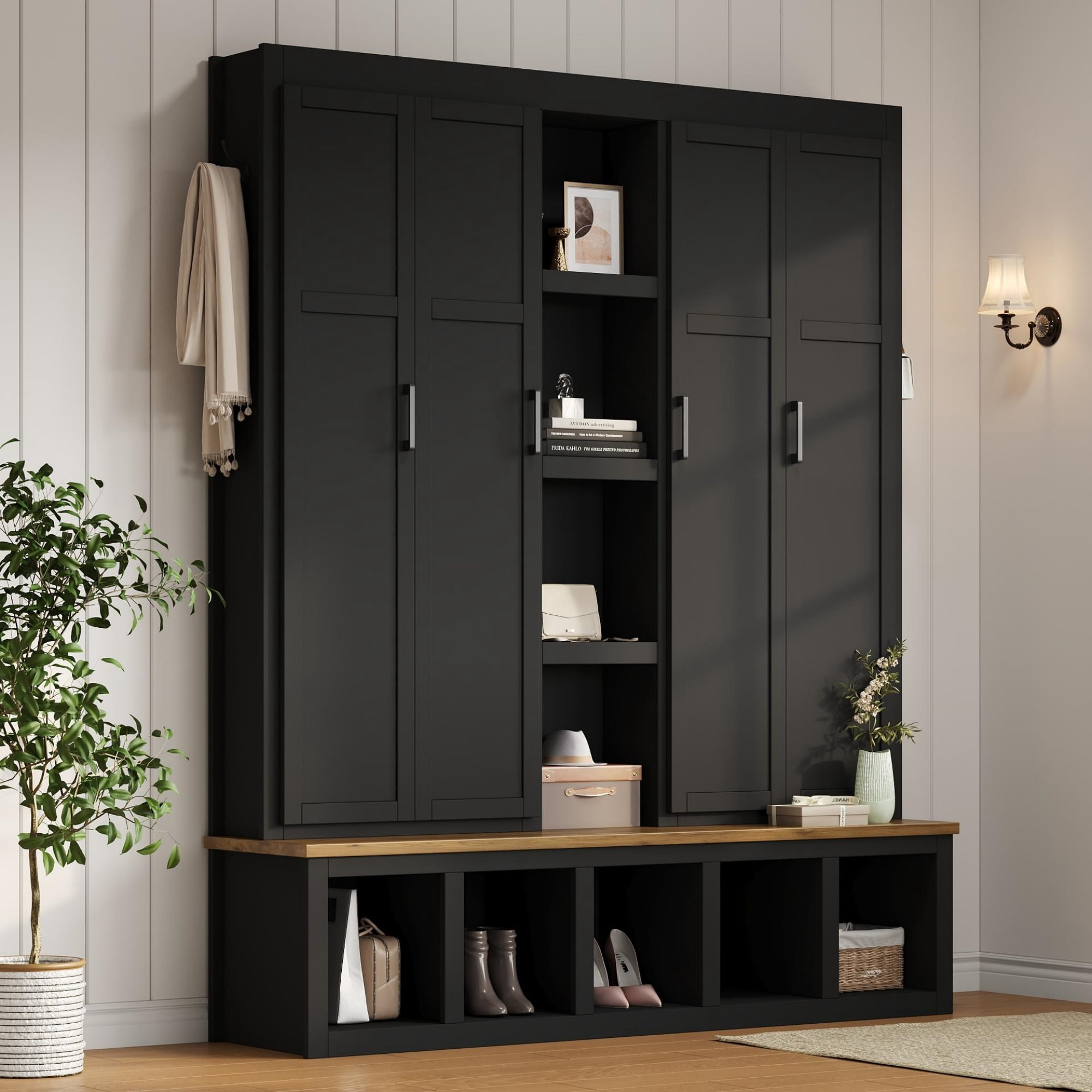 Noble House, Arbre d'entrée de style ferme de 62,9" avec 6 crochets, banc au grain de bois et armoire à chaussures pour l'entrée et la salle de vie, noir
