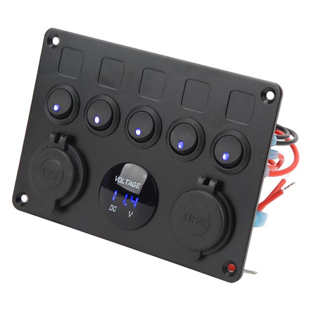 5 Gang Switch Panel Waterproof 12-24V LED Switch Panel with Digital Voltmeter Backlit