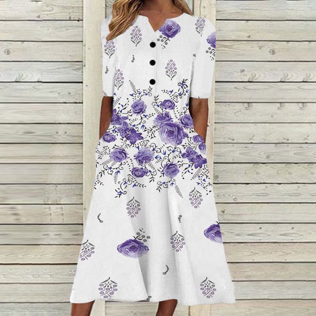 Babysbule Liquidation Robes d'Été pour Femmes, Mode Femmes Décontractée Ample Imprimé Papillon Col en V Manches Mi-Longues Boutons Poches Robe Longue