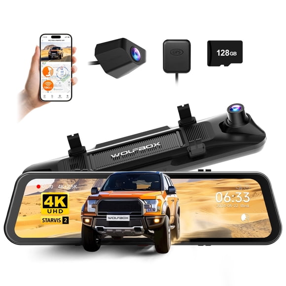WolfBox Caméra de Tableau de Bord Miroir avec STARVIS 2 IMX678, Caméra Rétroviseur de 12 Pouces avant 4K et Arrière 2,5K, Carte 128 Go Gratuite, Wi-Fi 5,8 GHz, Capteur G et GPS