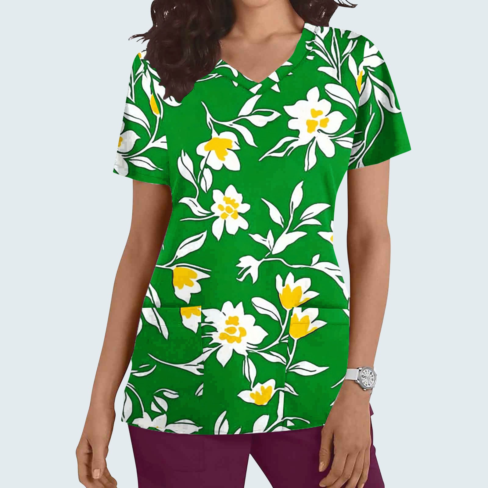 Liquidation Fatuov Tuniques Médicales pour Femmes à Col en V avec Poche T-Shirts Graphiques à Manches Courtes d'Été à Imprimé Floral Uniformes d'Infirmière Hauts Vert