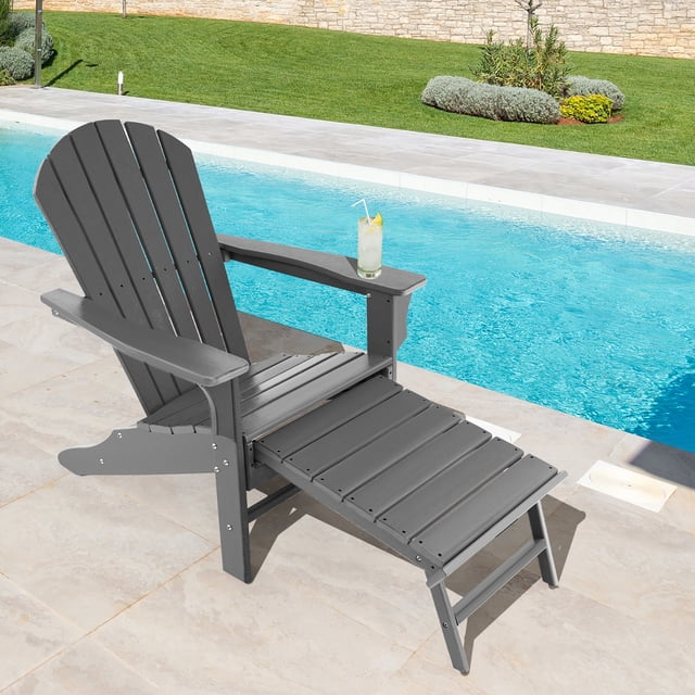Costway Chaise Adirondack de Patio Extérieur en HDPE, Siège de Plage avec Ottoman Rétractable, Gris
