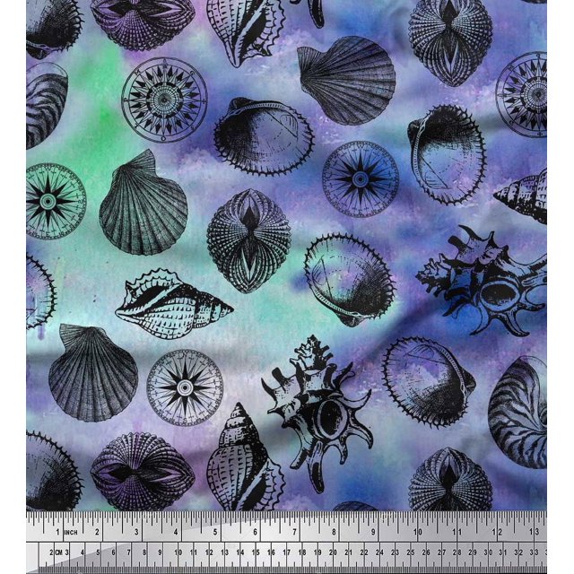 Soimoi Poly Georgette Fabric Direction Compass & Seashell Ocean Print Fabric by The Yard 52 Inch Wide
