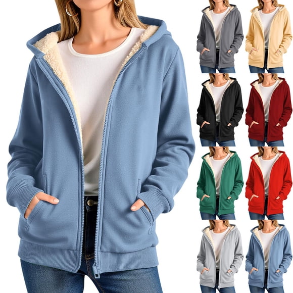 CFLVAEK Sherpa Fleece Lined Hoodies for Women Thick Winter Warm Hooded Jackets Cozy Full Zip Up Hoodie Sweatshirts Solid Color Long Sleeve Fall Sweatshirt with Pockets Red L