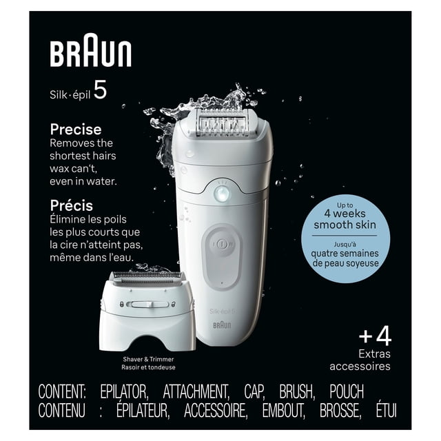 Braun Silk-épil 5 Epilator SE5-041 in grey with water droplets, designed for wet and dry use with MicroGrip tweezers for precise hair removal, includes shaver and trimmer attachments, massage cap, cleaning brush, and pouch, providing up to 4 weeks of smooth skin and extra accessories for effective hair removal.