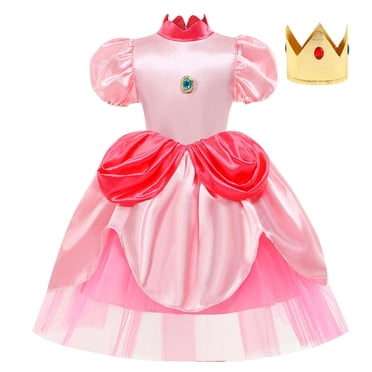 Princess Peach Robe de Costume Filles Costume de Fête d'Anniversaire Cadeau Enfants Déguisement d'Halloween avec Couronne