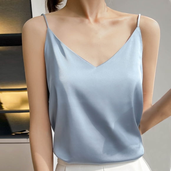 Staron Summer Tops for Women Silk Satin Sleeveless Tops Dressy Summer Spaghetti Strap Blouses Solid V Neck Cami Tank Shirt Blue XXXL