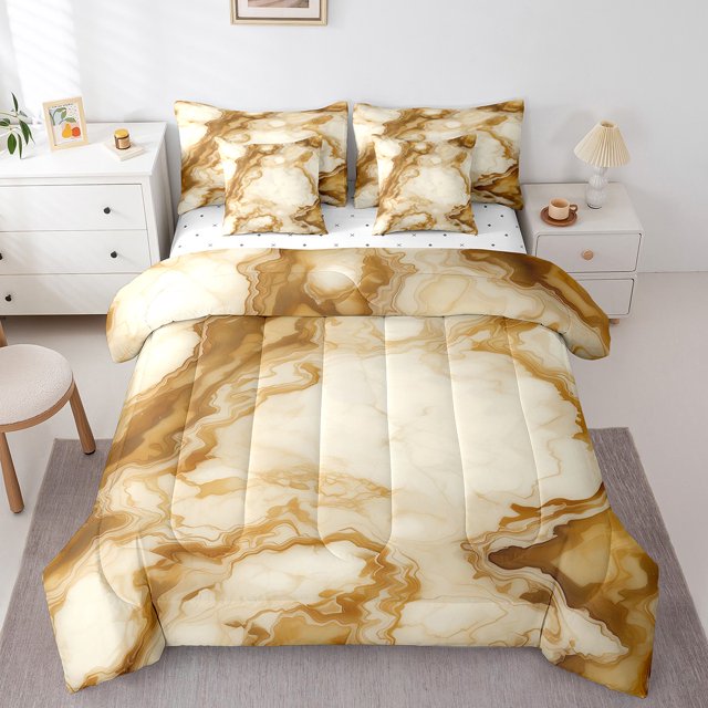 YST Gold Marbling Bedding Comforter Sets 7pcs Brown Abstract Artwork, King Bedding Set with Colorful Foil Print Glitter