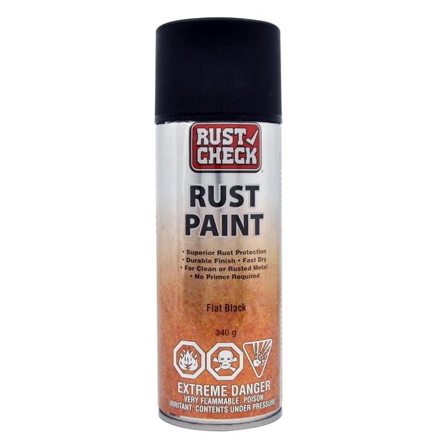 Rust Check Aérosol de Peinture à la Rouille Noire Plate avec Capuchon Noir et Étiquette Dégradé Argent-à-Rouille, Offrant une protection contre la Rouille à Séchage Rapide et une Finition Mate durable pour Métal Propre Ou Rouillé Sans Apprêt, Poids 340 g, avec Avertissements de danger Extrême pour l'Inflammabilité, le poison et les Dangers Irritants.