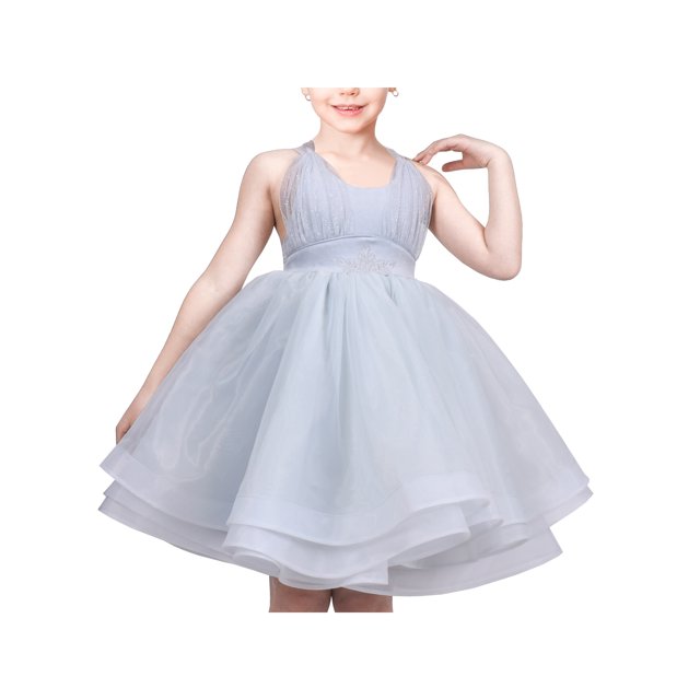 Robe Fille Bleue Grise à Volants Croisés Dos Nu 8 Ans
