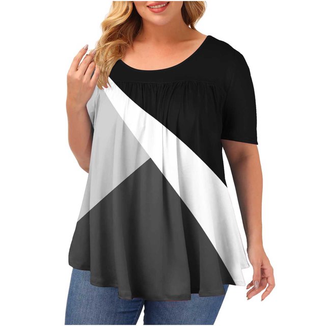 SMihono Hauts pour Femmes Été Chic Décontracté Mode pour Femmes Grande Taille Confortable Décontracté Col Rond Manches Courtes Haut Imprimé Blouse T-shirt Oversize pour Femmes 2023. la Blouse Présente une Coupe Ample avec une Encolure Ronde, des Manches Courtes et un Imprimé Géométrique Noir, Blanc et Gris. Fabriquée à Partir d'Un Mélange Doux et Respirant Polyester-Élastane, Elle Est Idéale pour le Printemps, l'Été et l'Automne. Convient aux Contextes Décontractés, de Bureau Ou de Fête, Elle s'Agence Bien avec des jeans, des Jupes Ou des leggings.