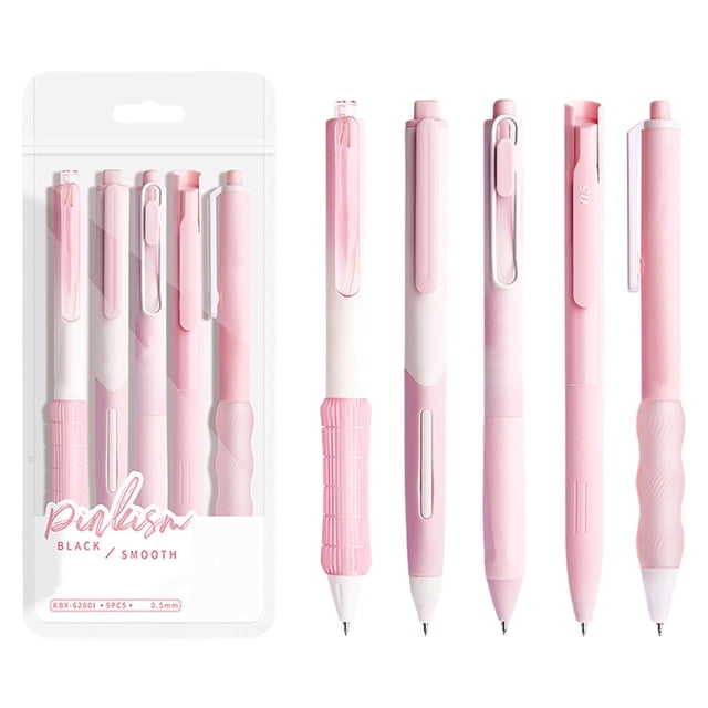 SIYTUAU Stylos Gel Roses, Lot de 5, avec Pointes Fines Rétractables de 0,5 mm et Encre à Séchage Rapide. les Stylos Ont un design Blanc et Rose avec des Barils Transparents pour Surveiller les Niveaux d'Encre. Chaque Stylo Mesure Environ 5,71 Pouces de long et Est Fait de Plastique durable. l'Ensemble Comprend Cinq Stylos, Idéal pour l'École, le Bureau Ou les Examens. Emballé dans un Étui compact pour un Rangement et une Portabilité Faciles.