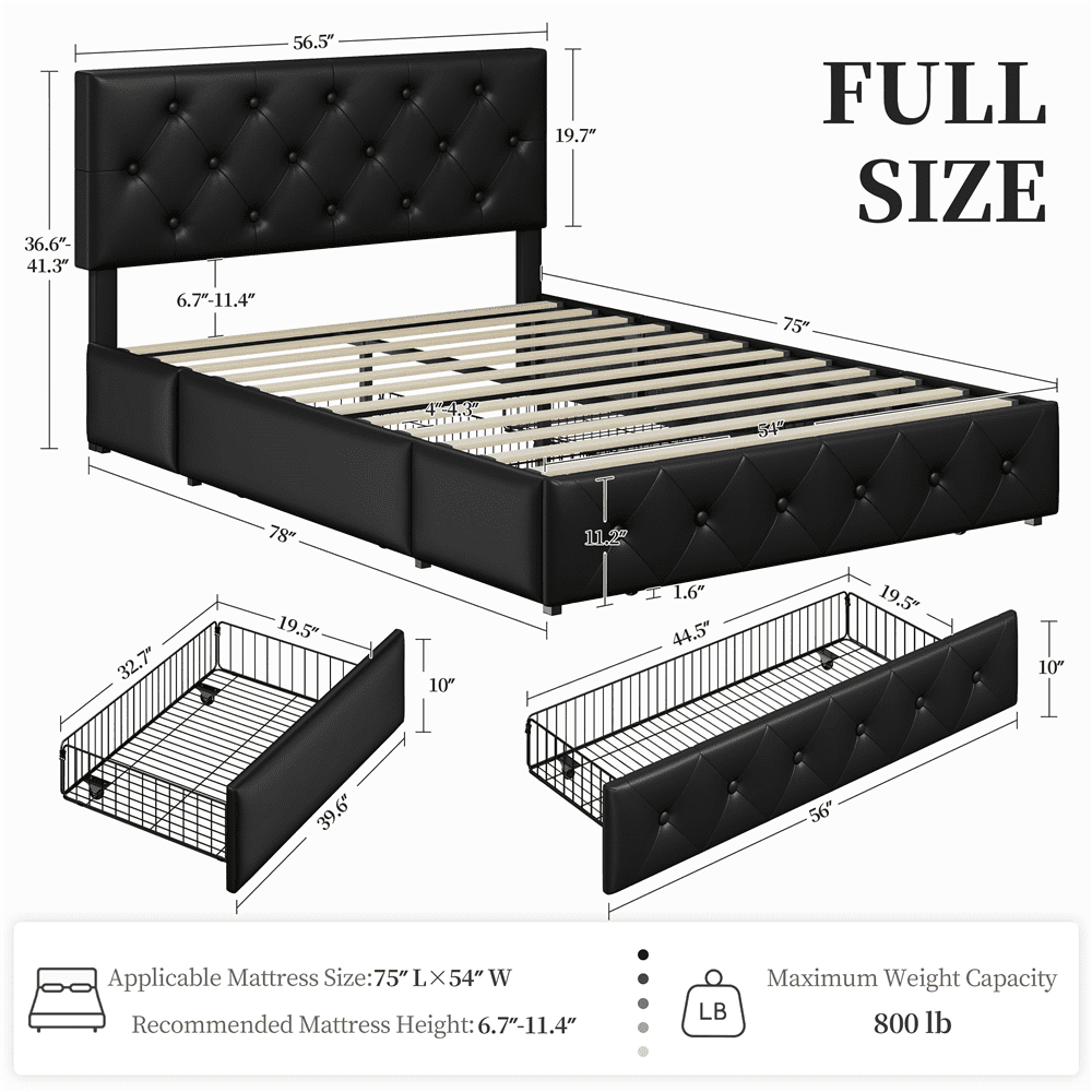 FullFurnique Upholstered Platform Bed Frame with Adjustable Headboard and 3 Drawers Storage, Full, Black