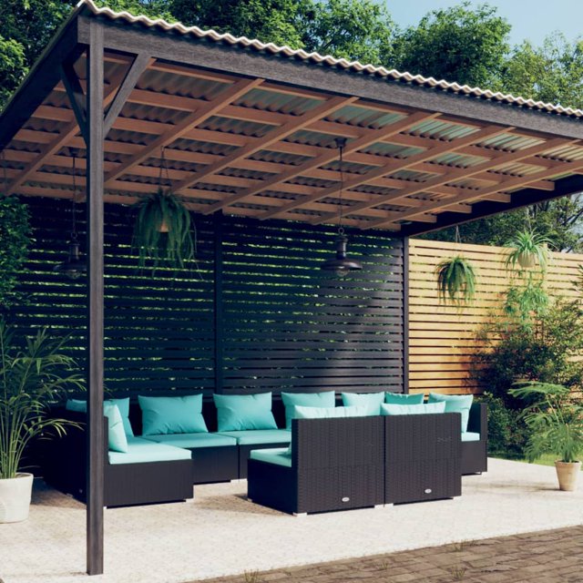 vidaXL 9 Piece Garden Lounge Set with Cushions Black Poly Rattan