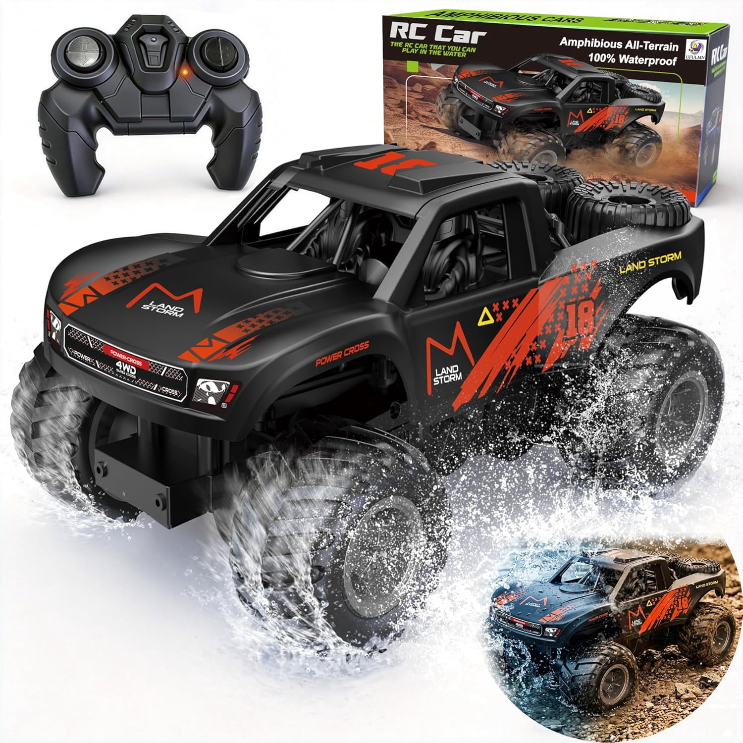 Amphibious Remote Control Car Monster Truck - 4WD Waterproof 1:16 Large All Terrain Off Road Vehicle with 2 Rechargeable Batteries RC Drift Cars Beach Pool Toys Gifts for Boys Kids 8-12