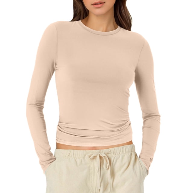 T-Shirts pour Femmes à Manches Longues Chemises à Manches Longues pour Femmes Tendance Très Grande Femmes Col Rond Crop Top Femmes Chemise à Manches Longues Col Roulé T-Shirts pour Femmes T-Shirt Basique Uni Spandex