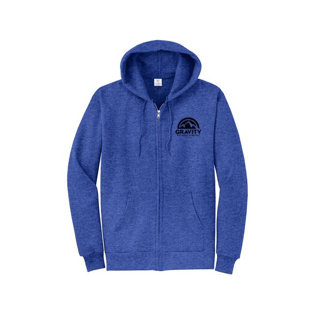Gravity Outdoor Co. Zip-Up Hoodie - Heather Royal - Black Logo - Small