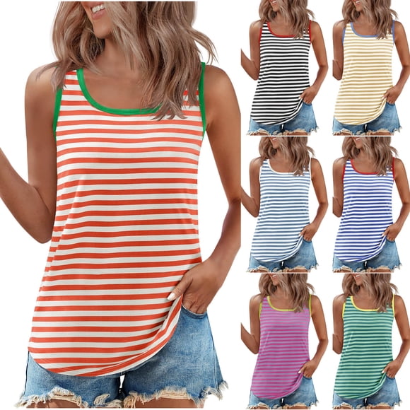 Summer Savings Clearance!yoeyez Summer Tops for Women,Running Tank Tops for Women Ladies Color Block Striped Sleeveless Blouse Womens Racerback Tank Tops Orange,L