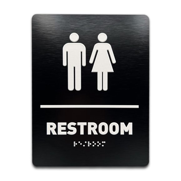 Unisex Restroom Identification Sign - ADA Compliant Bathroom Sign Raised Icons Raised Braille Brushed Black TCO Inspection Certified (6""W x 8""H) - by GDS