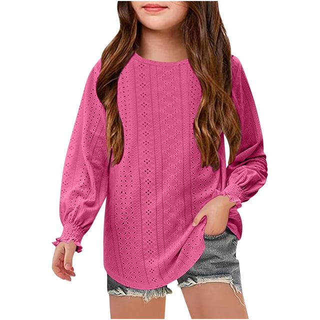 MeetoTime 4-16 Years Girls Long Sleeve Hollow Out Shirts Kids Solid Color Crewneck Ruffled Cuffs Blouse