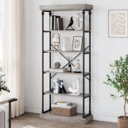 Wood Bookcase, 6 Tier Industrial Rustic Vintage Bookshelf, Farmhouse Solid Wooden Book Shelf with Metal Frame