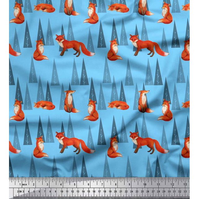 Soimoi Blue Rayon Fabric Artistic Tree & Wolf Animal Printed Fabric 1 Yard 42 Inch Wide