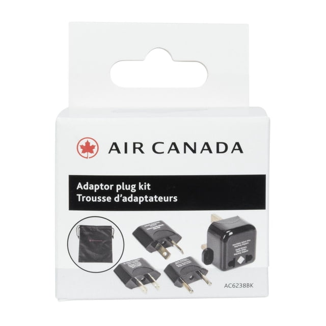 Air Canada Trousse d'Adaptateur de Prise de Voyage 10 a avec une Boîte Blanche Présentant le logo Air Canada et l'Étiquette de Trousse d'Adaptateur de Prise, Incluant Quatre Adaptateurs de Prise Noirs avec Attaches Métalliques pour destinations Mondiales et une Pochette de Voyage Noire pour un Rangement Pratique.