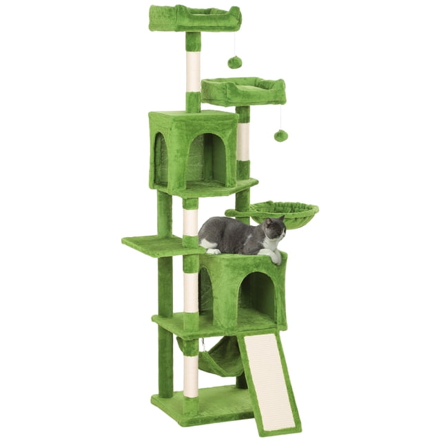 PawHut 70" Cat Tree, a multi-level green cat tower featuring two condos, plush perches, a hammock, and sisal-wrapped posts. Includes dangling balls for play and a stable base with an anti-tip strap for safety. Designed for cats up to 10 lbs.