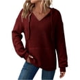 thumbnail image 2 of Xdegoge Womens Hoodies Sweatshirts Oversized Sweatshirts Ribbed Knit Long Sleeve Drawstring V Neck Casual Pullover Sweatshirt Hooded Tops Plus Size Fall Winter Clothes with Pockets Wine S, 2 of 9
