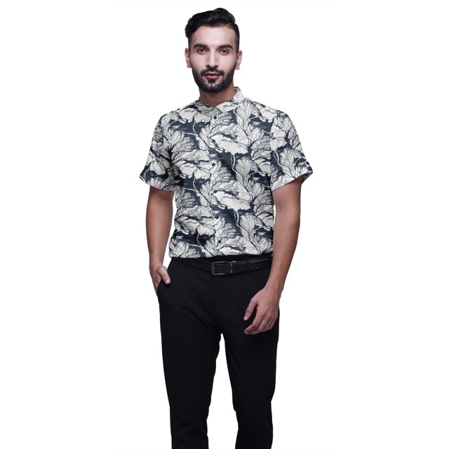 BESTMAN Chemise en Coton pour Hommes à Manches Courtes Imprimée Col Mandarin Chemise Décontractée