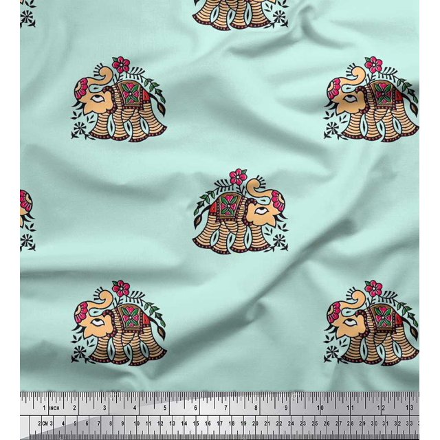 Soimoi Polyester Crepe Fabric Leaves,Floral & Elephant Block Print Fabric by Yard 52 Inch Wide