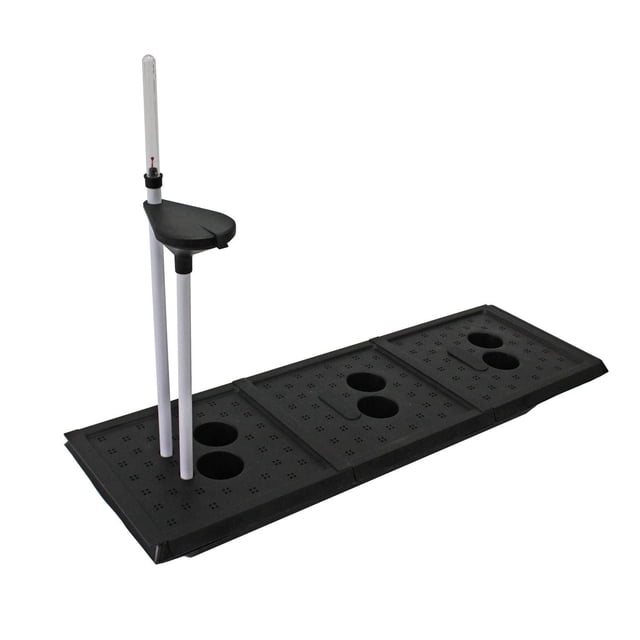 Self Watering Kit for VegTrug Classic - Small, a black plastic insert with three connected panels featuring circular planting holes, a covered funnel with two white vertical tubes, and a clear fill meter, designed to fit under compost in a Small Classic VegTrug to continuously supply water and prevent solids from entering the reservoir.
