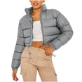 thumbnail image 1 of hoksml Women's Cropped Puffer Jacket with Drawstring Hem, Stand Collar Boxy Zip Front Casual Streetwear Short Jacket, 1 of 5