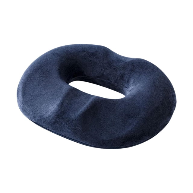 Donut Pillow Pressure for Tailbone Pain Reducing Coccyx Pain in navy blue, designed for mobility aids and wheelchair cushions. Features a hollow design for breathability and comfort, made of soft cotton flannel with 3D honeycomb breathable fabric. Includes a groove for tailbone relief and ergonomic support, ideal for prolonged sitting. Dimensions: 45x41x7cm.