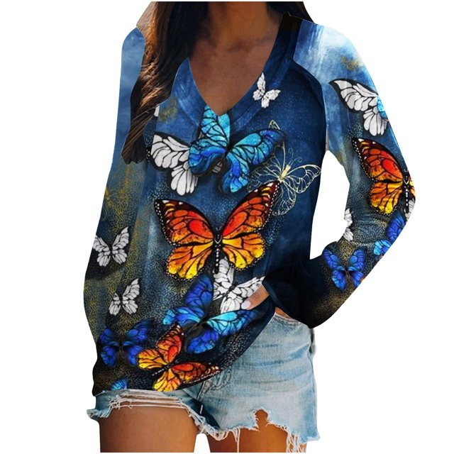 Pompotops Chemisier Blouse à Manches Longues à Col en V pour Femmes avec Papillon de Mode